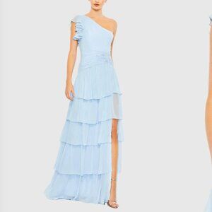 Mac Duggal Blue Ruffle Tiered One Flutter Sleeve Gown